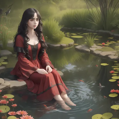 lily collins curly black hair, wearing a detailed medieval red dress sitting on the edge of a pond in a garden with her feet in ...