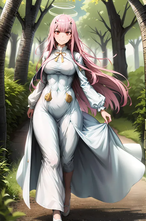 long dress, oni girl, zero two, white dress, white dress, angel halo, rainbow halo, full body, portrait, medium breast, walking,...