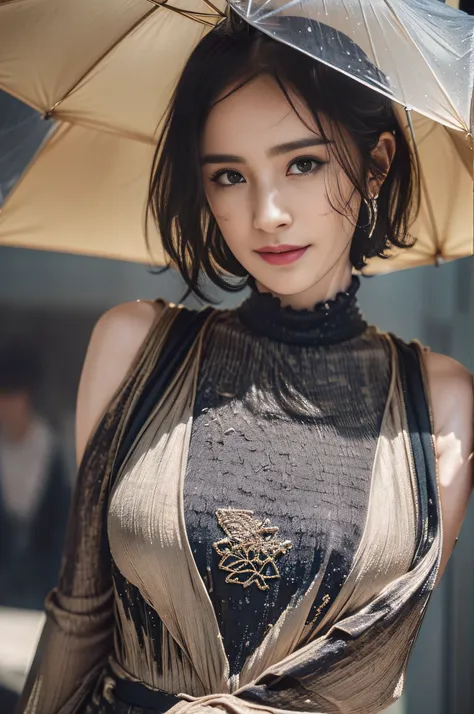 20 year old surreal idol, ultra-thin sleeveless maxi dress, nipple ring, smiling smile, short layer hair, walking without notici...