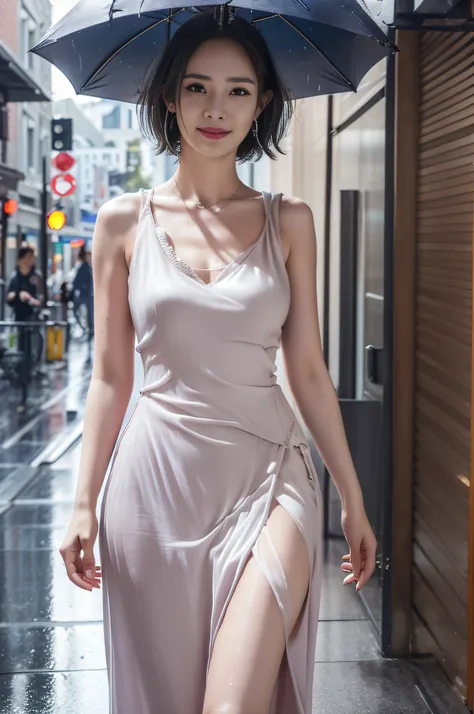 20 year old surreal idol, ultra-thin sleeveless maxi dress, nipple ring, smiling smile, short layer hair, walking without notici...