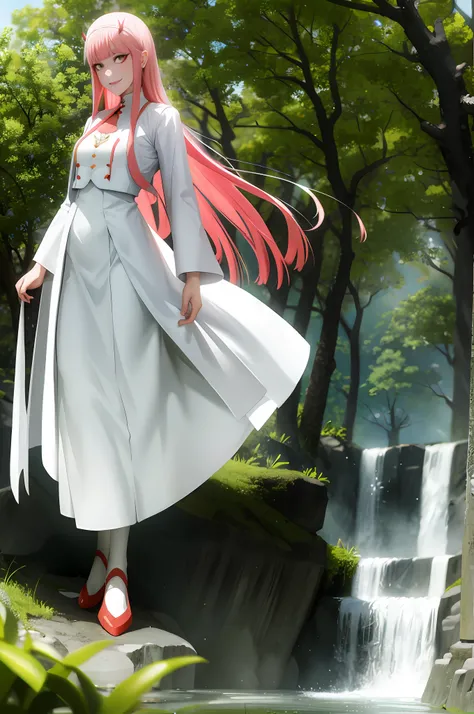long dress, oni girl, zero two, white dress, white dress, angel halo, rainbow halo, full body, portrait, medium breast, walking, forest, coat, vest, buttlern long skirt, Victorian fabrics, smile ,happy