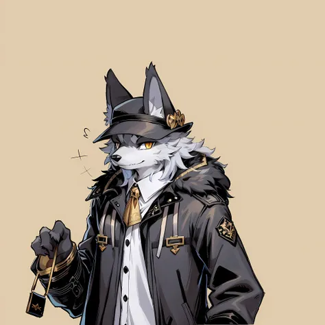 single, furry, furry, dark gray fur, golden eyes, trench coat, top hat, fluffy fur