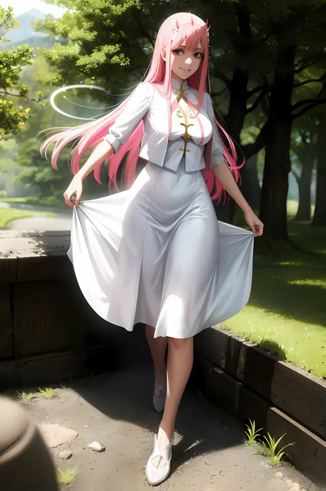 long dress, oni girl, zero two, white dress, white dress, angel halo, rainbow halo, full body, portrait, medium breast, walking, forest, coat, vest, buttlern long skirt, Victorian fabrics, smile ,happy