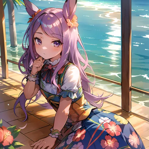 masterpiece 8k sunshine tahitian seaside hibiscus flowers blooming flower-patterned dress uma musume mejiro mcqueen