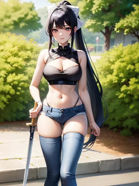 masterpiece,bestquality,highres,1girl,solo,sheathed,asymmetricalclothes,navel,purpleeyes,verylonghair,tiedshirt,midriff,hairribbon,singlepantsleg,whiteshirt,ponytail,blackhair,largebreasts,jeans,whiteribbon,brownbelt,purplehair,asymmetricallegwear,,outdoor...