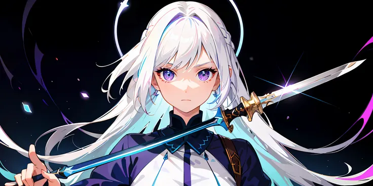 highly detailed and beautiful eyes, masterpiece, best quality, colorful, 1girl, white hair, purple eyes, double wielding, sword, holding sword, blue flames, brightness, shiny weapon, light particles, wallpaper, chromatic freak,