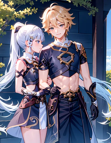 anime couple, aether and ayaka kissing, soft kiss, 1boy 1girl, cute, loving, peck, detailed faces, detailed hair, masterpiece, best quality, aether yellow hair(genshin impact), kamisato_ayaka, arm guards, armored dress, breastplate, ayaka hair ornament,cow...