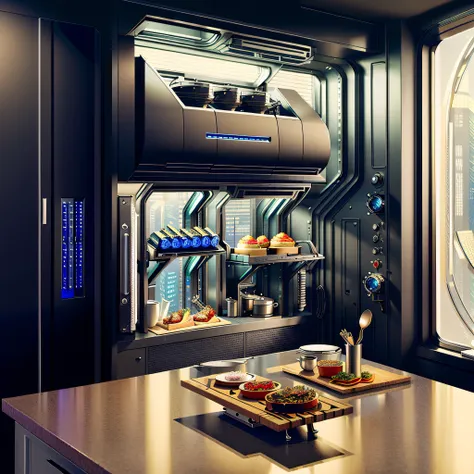 ((master piece)), futuristic cyberpunk kitchen, some advanced futuristic appliance and tableware, best quality, (8k, best qualit...