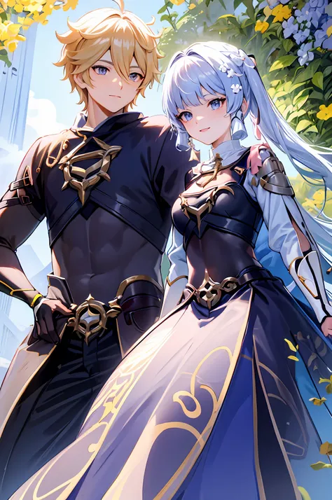 anime couple, aether and ayaka, Man with yellow hair, marrying a woman with blue hair, high quality, highly detailed, detailed face, marriage, wedding, wed, 1boy 1girl, cute, loving, peck, detailed faces, detailed hair, masterpiece, best quality, aether ye...