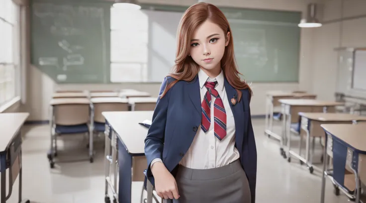 18-year-old american woman,, ((in the classroom)), ((school uniform)), raw photo, (photorealistic: 1.37, realistic), highly deta...