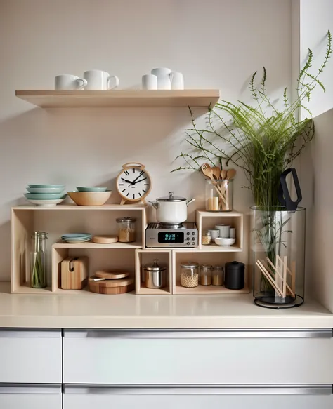 there is a shelf with a clock and various kitchen items on it, simple wood shelves, neat and tidy, home display, shelf, shelves,...