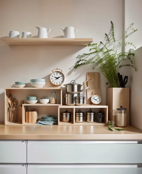 there is a shelf with a clock and various kitchen items on it, simple wood shelves, neat and tidy, home display, shelf, shelves,...