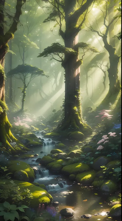 A breathtaking forest scene with tall trees reaching for the sky, sunlight filtering through the leaves, casting a golden glow on the forest floor. Small streams trickle through the moss-covered rocks, creating a serene ambiance. Delicate branches adorned ...