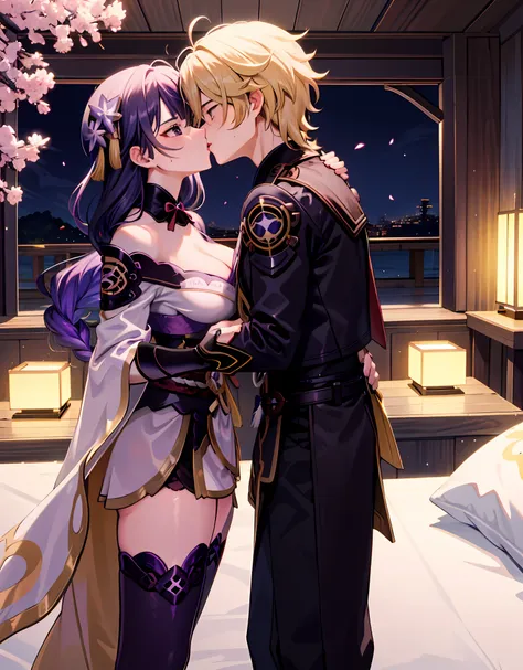 anime couple, aether and raiden shogun kissing, soft kiss, 1boy 1girl, cute, loving, peck, detailed faces, detailed hair, master...