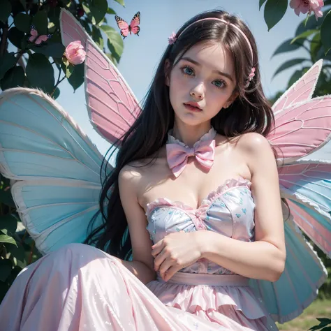 Cute, Full screen size, Bright eyes, Realistic style, Fresh tones, Pink accents, Fairy tale feeling, (1girl), Sequins, Round little face, Cute expression, Big blue-green eyes, Blue bow tied in hair, Pale pink court clothes, Butterfly, Conch, Garland in fro...