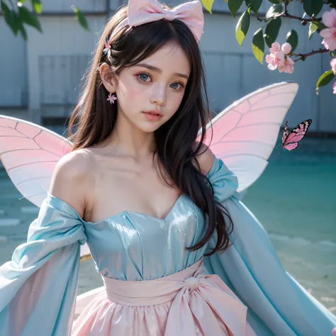 Cute, Full screen size, Bright eyes, Realistic style, Fresh tones, Pink accents, Fairy tale feeling, (1girl), Sequins, Round little face, Cute expression, Big blue-green eyes, Blue bow tied in hair, Pale pink court clothes, Butterfly, Conch, Garland in fro...