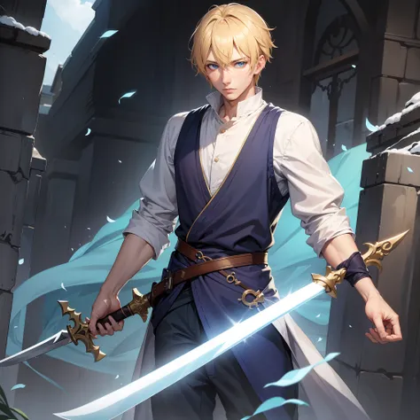 a 23-year-old man with blue eyes and blonde hair, his clothes are light and look like a villager's, he has a long sword on the l...