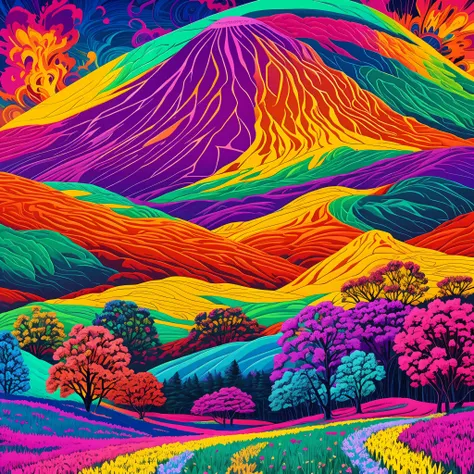 painting of a field of flowers with a sun setting in the background, floral sunset, dan mumford and alex grey style, sunset psyc...