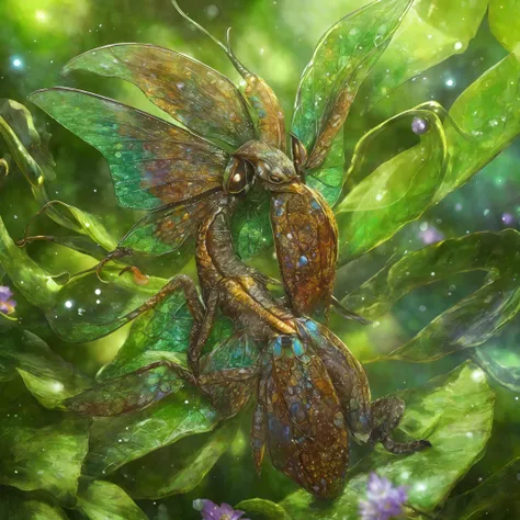 a large creature with transparent antens. Narrow snout for drinking nectar from flowers, curled prehensile tail like a chameleon, leaves and shields on the sides, hiding in the leaves in a lush forest,(highly detailed:1.2),(best quality:1.2),8k,sharp focus...