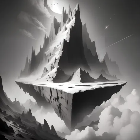 island floating in the sky,flying in the clear sky,inside the island has a forest and mountains,black and white painting,stlo ma...