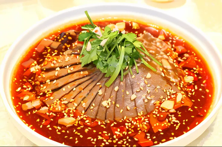 there is a bowl of soup with meat and vegetables in it, sichuan, daopao, sauce, sougetsu, tang mo, 王琛, in style of pan ren wei, ...