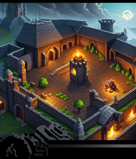 pixel art, old game style, knight attacks demon lord, extremely detailed, best quality, castle