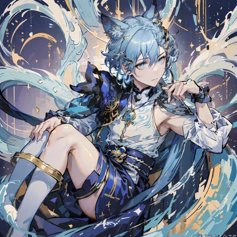 Masterpiece, Ultra Detail, Best Quality, High Resolution, High Quality, Anime Characters, Blue Hair, White Clothing, Genshin Impact Kokiyo, Genshin Impact Character, Remlezze, Arknights, Genshin Impact of Zhongli, Detailed Key Anime Art, Exquisite Hermaphr...
