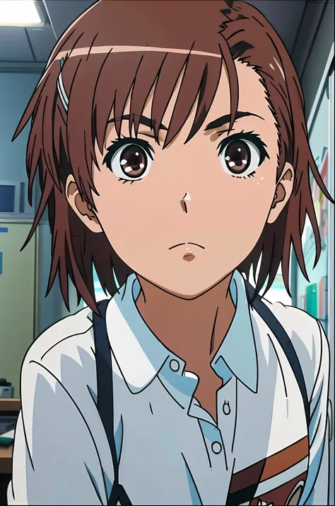 masterpiece, best quality, misaka mikoto, brown eyes, viewer view, solo, short_hair, closed_mouth, collared_shirt, looking_at_vi...