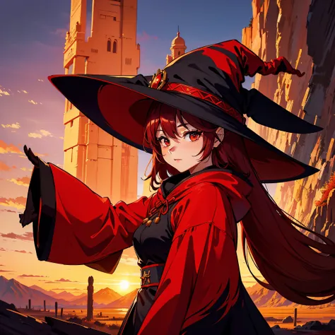 furry witch, chinese red colors, witch hat, witch outfit, sunset in the desert with mountains in the background, masterpiece, be...