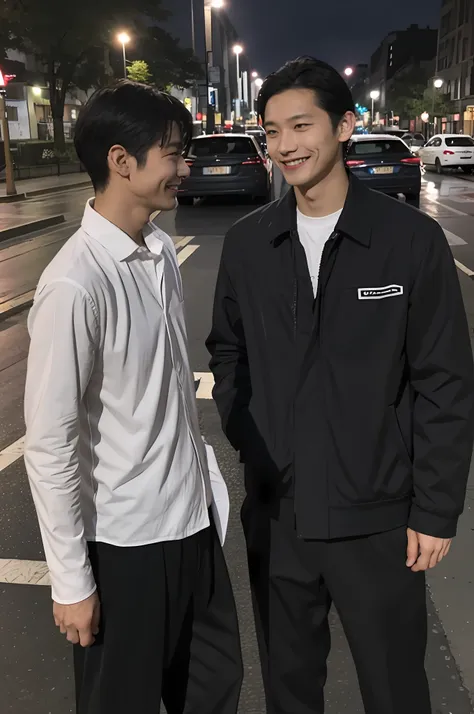 A man talking to another man on the street, almost night, rain, smile