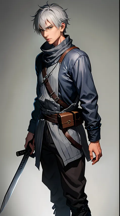 A rebellious man of 26 with shivering gray hair and silver eyes, his outfit is gray resembling a villager, he carries a katana (setting an abandoned village)