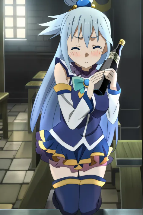 Adventurers guild; Aqua, blushing, crying, holding bottle, on her knees, eyes closed