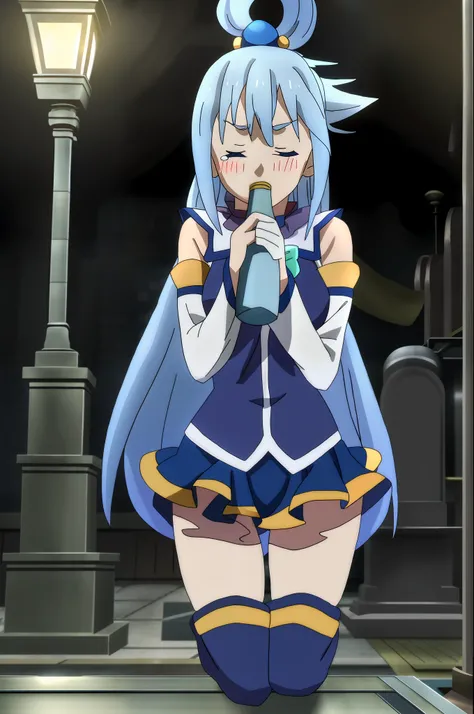 Adventurers guild; Aqua, blushing, crying, holding bottle, on her knees, eyes closed