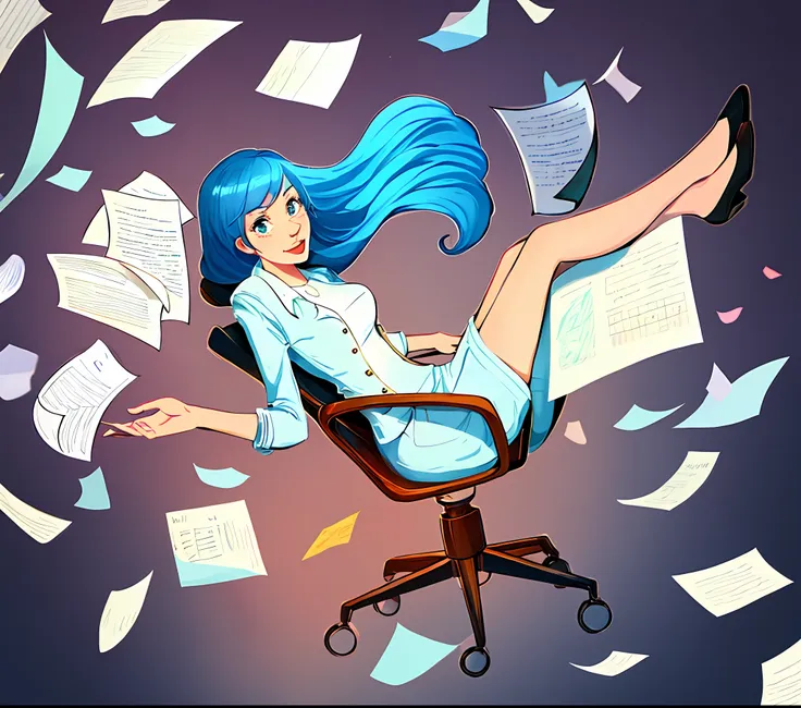 cartoon woman sitting in a chair with papers flying around her, hd illustration, official illustration, digital illustration -, ...