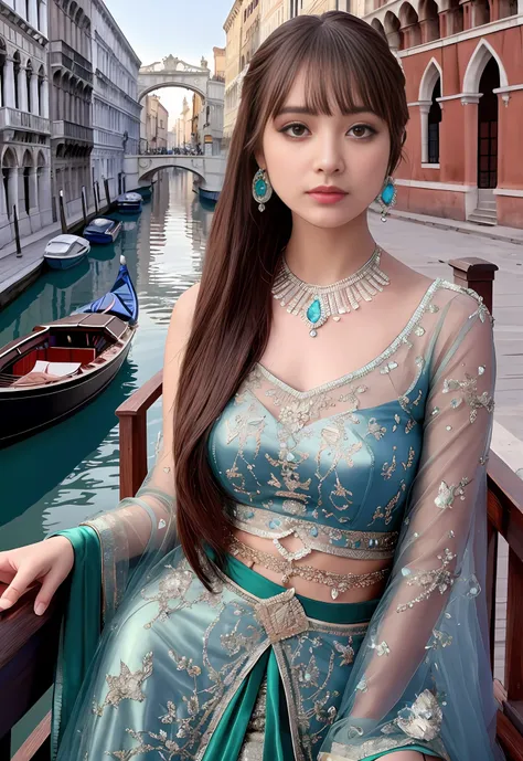 a hyper realistic ultra detailed photograph of a beautiful girl as a female 2020s dancer on the boat of 2020s venice,(bridge of ...