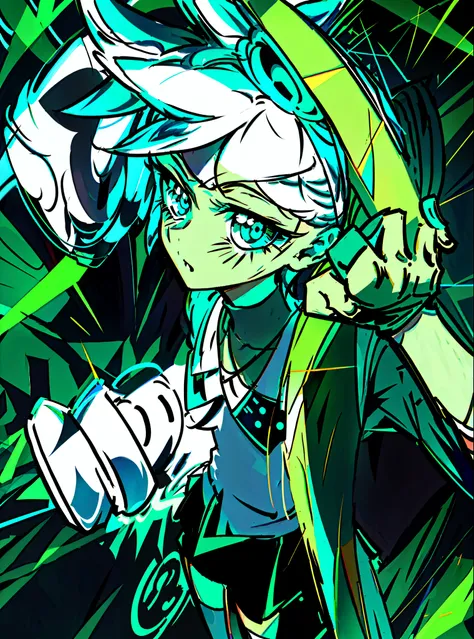 a close up of a cartoon character with a green background, rad, digital art from danganronpa, weirdcore voidpunk fursona, green ...