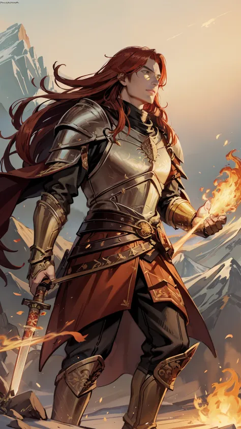 a 23-year-old man with long red hair and orange eyes, his armor is red and gold, has dragon scales and a band of white fabric on...