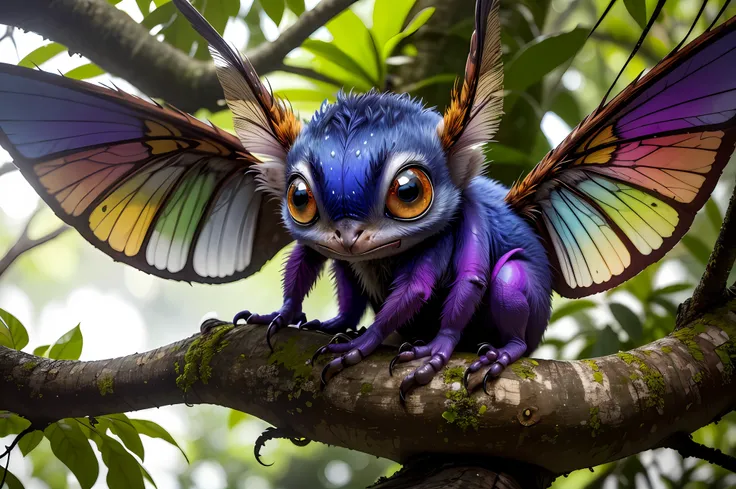 A small strange creature sits on the trunk of a tree. The trunk covers four winged limbs, has a wide muzzle, four large eyes, colorful, looks with curiosity. Its in the dark jungle, small hair
