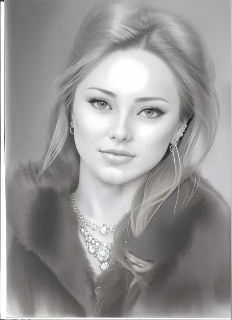 a drawing of a woman with a fur coat and earrings, realistic sketch, realism drawing, portrait of a cute girl, pencil draw, penc...