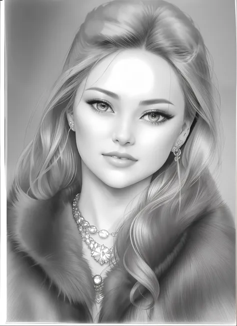 a drawing of a woman with a fur coat and earrings, realistic sketch, realism drawing, portrait of a cute girl, pencil draw, penc...