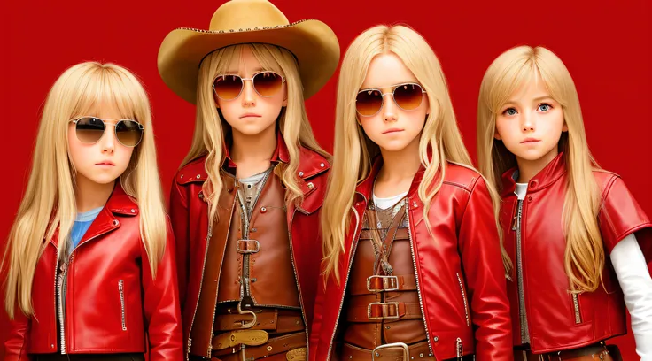 a half-body, portrait of 3 german child girls long blonde hair of 12 years, red leather jackets, sunglasses, a horse and exudes ...