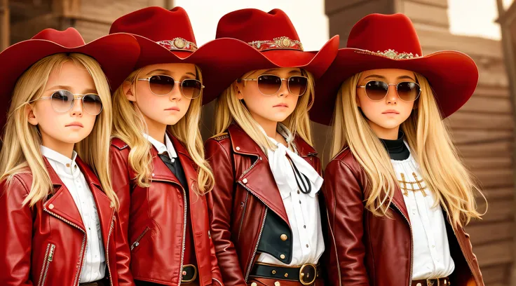 a half-body, portrait of 3 german child girls long blonde hair of 12 years, red leather jackets, sunglasses, a horse and exudes ...