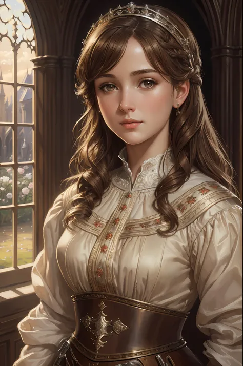Albert Lynch, (masterpiece, best quality, extremely detailed 8k, HDR, highly detailed, highly realistic, ultrarealistic, intrinsic details), young princess, (medieval, rich, light brown, brown hair, curious, lonely, charismatic, singular)