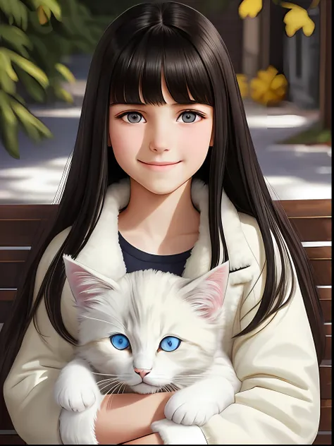 a skin-colored 13-year-old girl
caucasian with long straight black hair and bangs, with hazel eyes, smiling with a realistic ton...