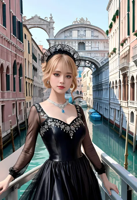 a hyper realistic ultra detailed photograph of a beautiful girl as a female 2020s dancer on the boat of 2020s Venice,(Bridge Of Sighs background),(princess eyes,shiny pupils), detailed symmetric beautiful hazel eyes, detailed gorgeous face, peaky blinders ...