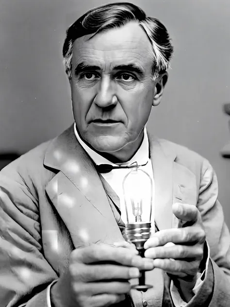 photo of thomas edison, holding with his hand a lit lamp, looking at the camera, portrait, in a research laboratory, ultra reali...