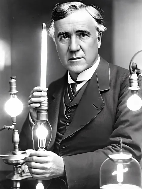 photo of thomas edison, holding a lit light bulb in his hand, looking at the camera, portrait, in a research laboratory, ultra r...