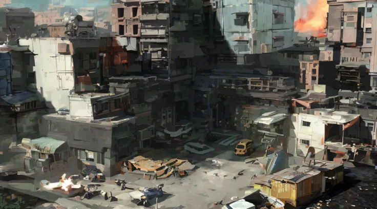 resident evil, buildings stacking dirty cyberpunk cities, highly realistic concept art, painting concept art,