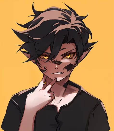 a close up of a person with a black shirt and yellow eyes, handsome japanese demon boy, demon boy, portrait demon half human, da...