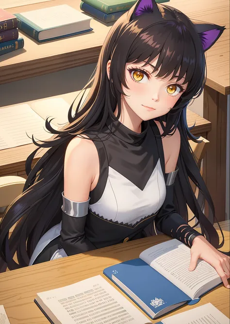 (masterpiece, best quality:1.2), upper body, solo, 1girl, blake belladonna, slight smile, closed mouth, looking at viewer, elbows on table, cat ears, sleeveless shirt, detached sleeve, kneeling, reading book, library, blush, looking away,